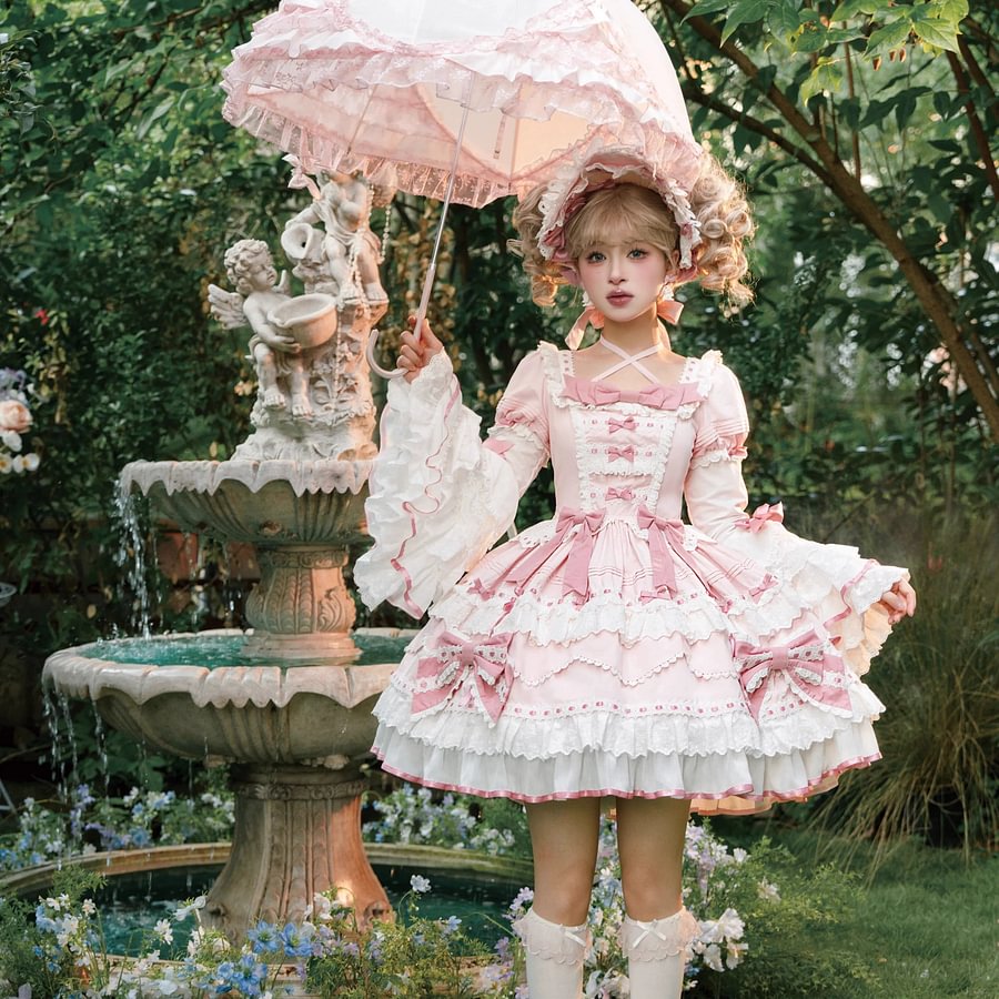 Tea Party Fashion Hime Lolita Sweetheart Pink Floral Gorgeous Long Sleeve Princess Dress Lolita