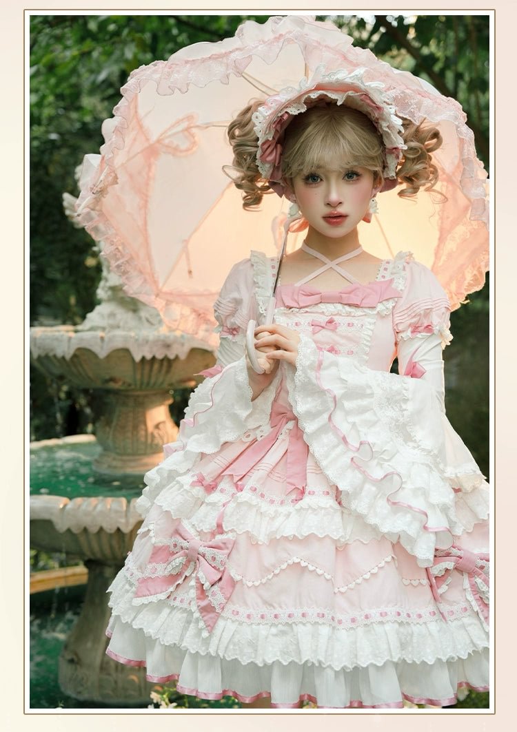Tea Party Fashion Hime Lolita Sweetheart Pink Floral Gorgeous Long Sleeve Princess Dress Lolita