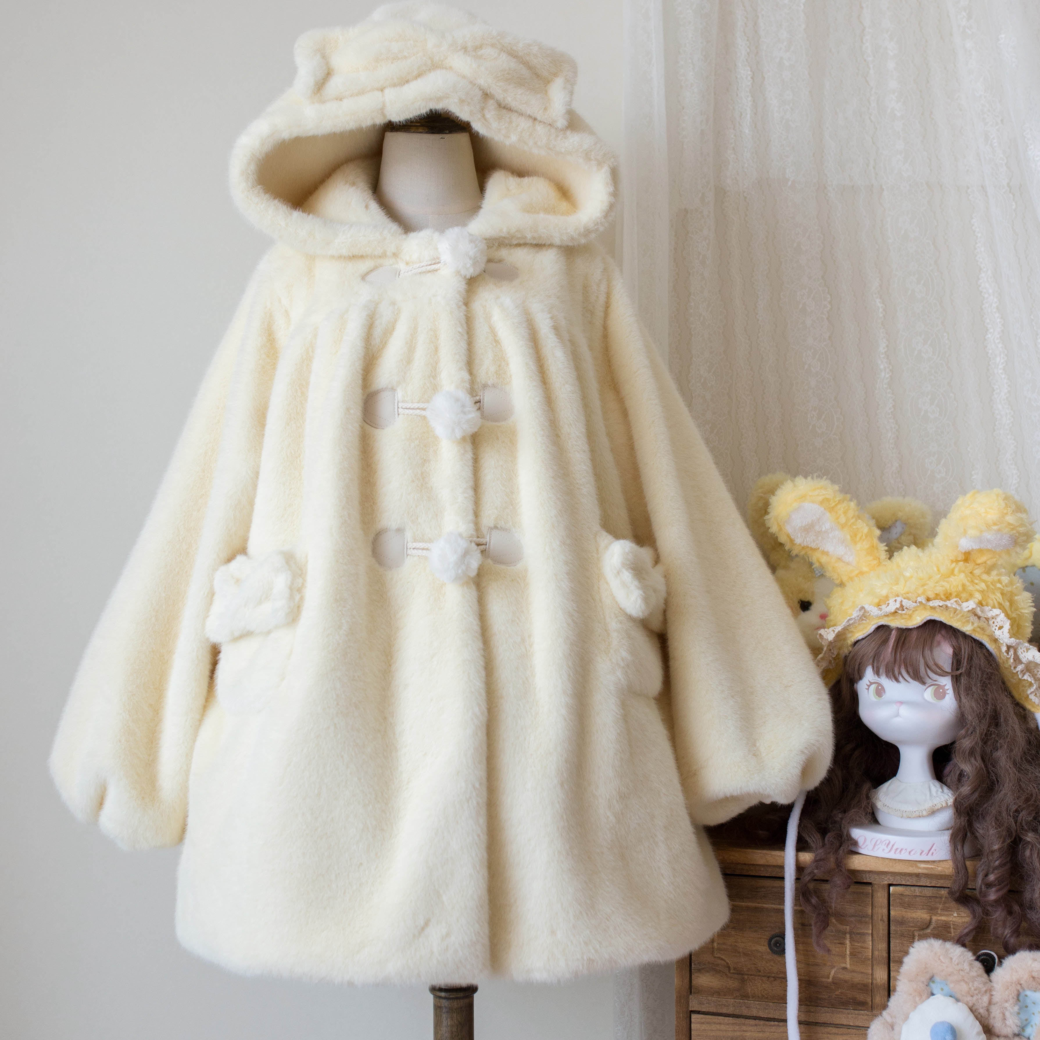 Thickened Autumn and Winter Hooded Mink Fleece Jacket Lolita Plush Jacket Loose Coat