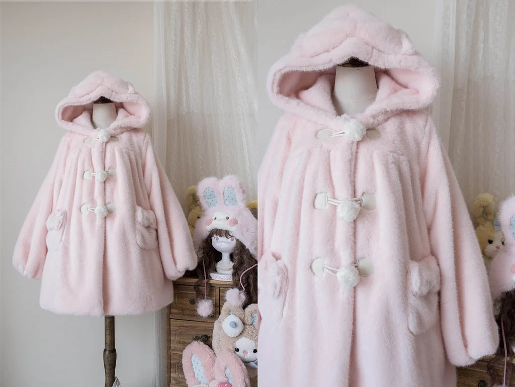 Thickened Autumn and Winter Hooded Mink Fleece Jacket Lolita Plush Jacket Loose Coat