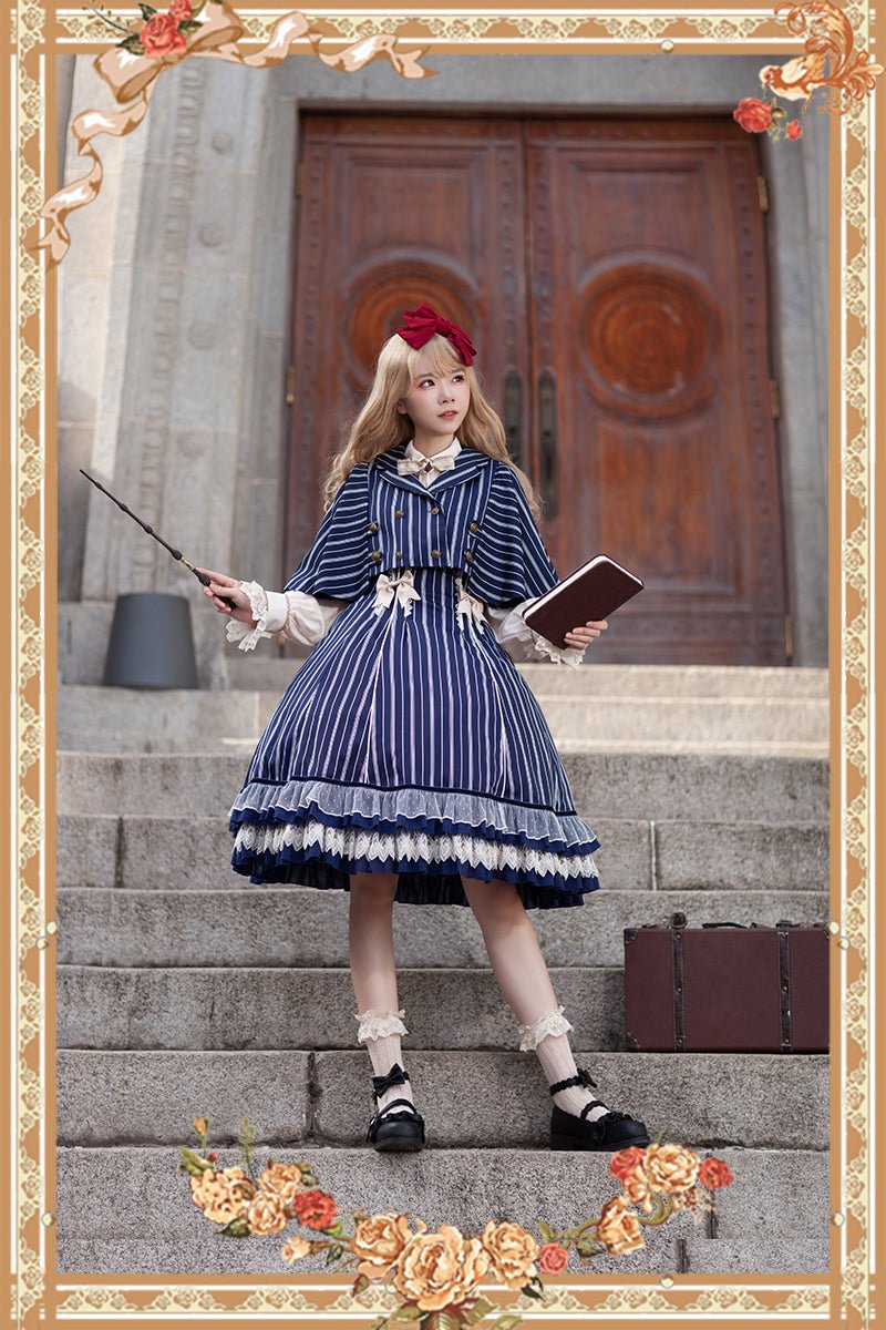 Victorian Lolita Dress Blue Classic Vintage Stripe Lolita JSK Cape Lolita Coats Dress