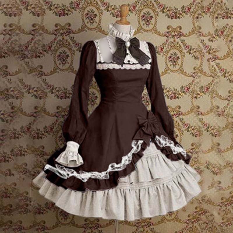 Vintage Classic Fashion Turtleneck Horn Sleeves Color Matching Bow Lolita Dress