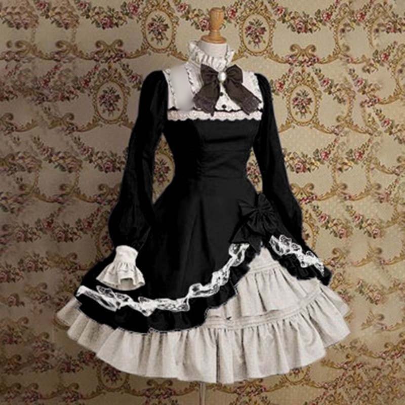 Vintage Classic Fashion Turtleneck Horn Sleeves Color Matching Bow Lolita Dress