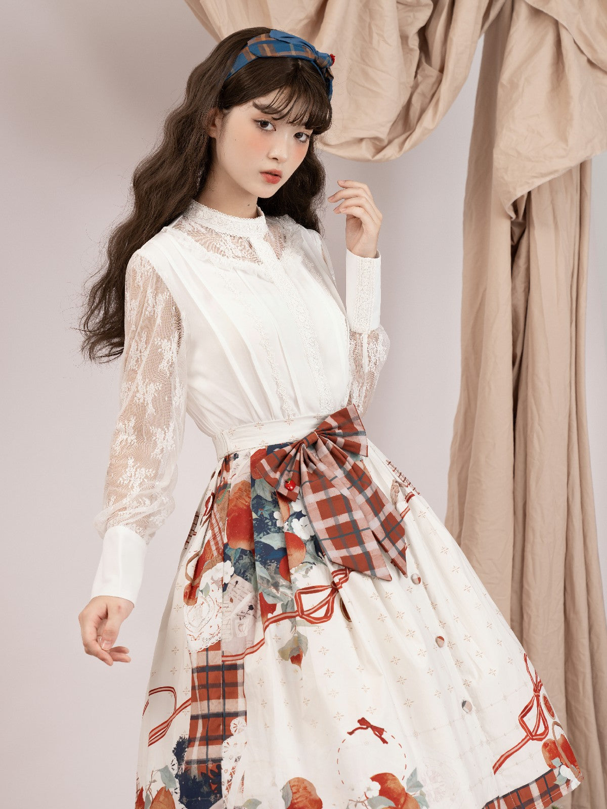 [Pre]Vintage Fruit Print Lolita Blouse Official Shirt Original Bar White Long-sleeved Lace Chiffon Crew Neck