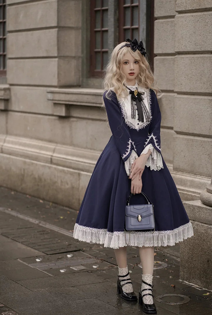 Vintage Hepburn Style Lolita Dress Classic Autumn Elengant Women's Dress Red Green Black OP Long Sleeve