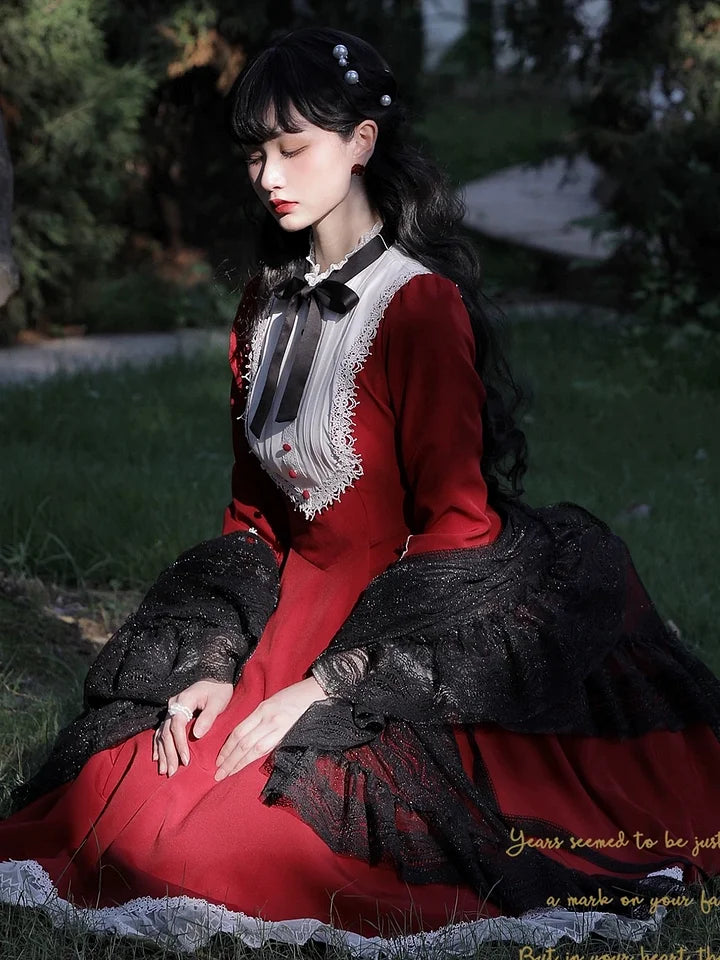 Vintage Hepburn Style Lolita Dress Classic Autumn Elengant Women's Dress Red Green Black OP Long Sleeve