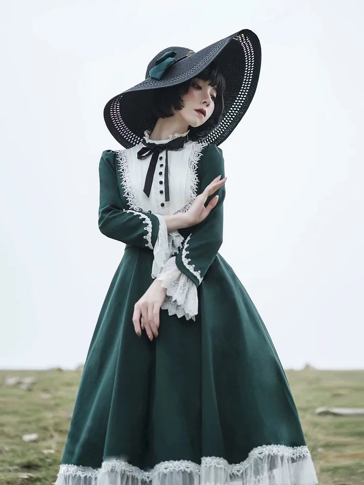 Vintage Hepburn Style Lolita Dress Classic Autumn Elengant Women's Dress Red Green Black OP Long Sleeve