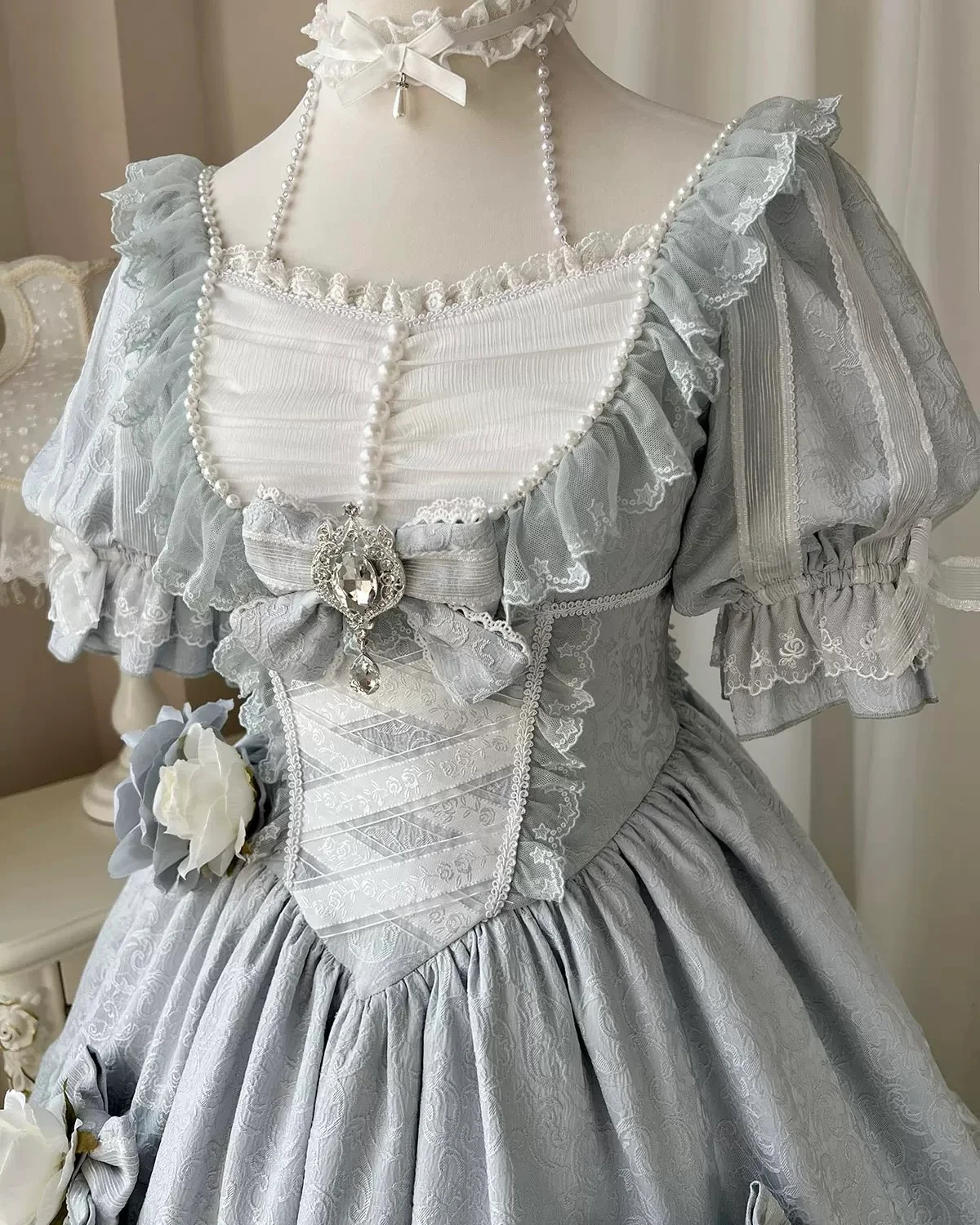 Hime Lolita Tea Party Fashion Blue Vintage Courtly Gorgeous Rococo Birthday Party Long Dress