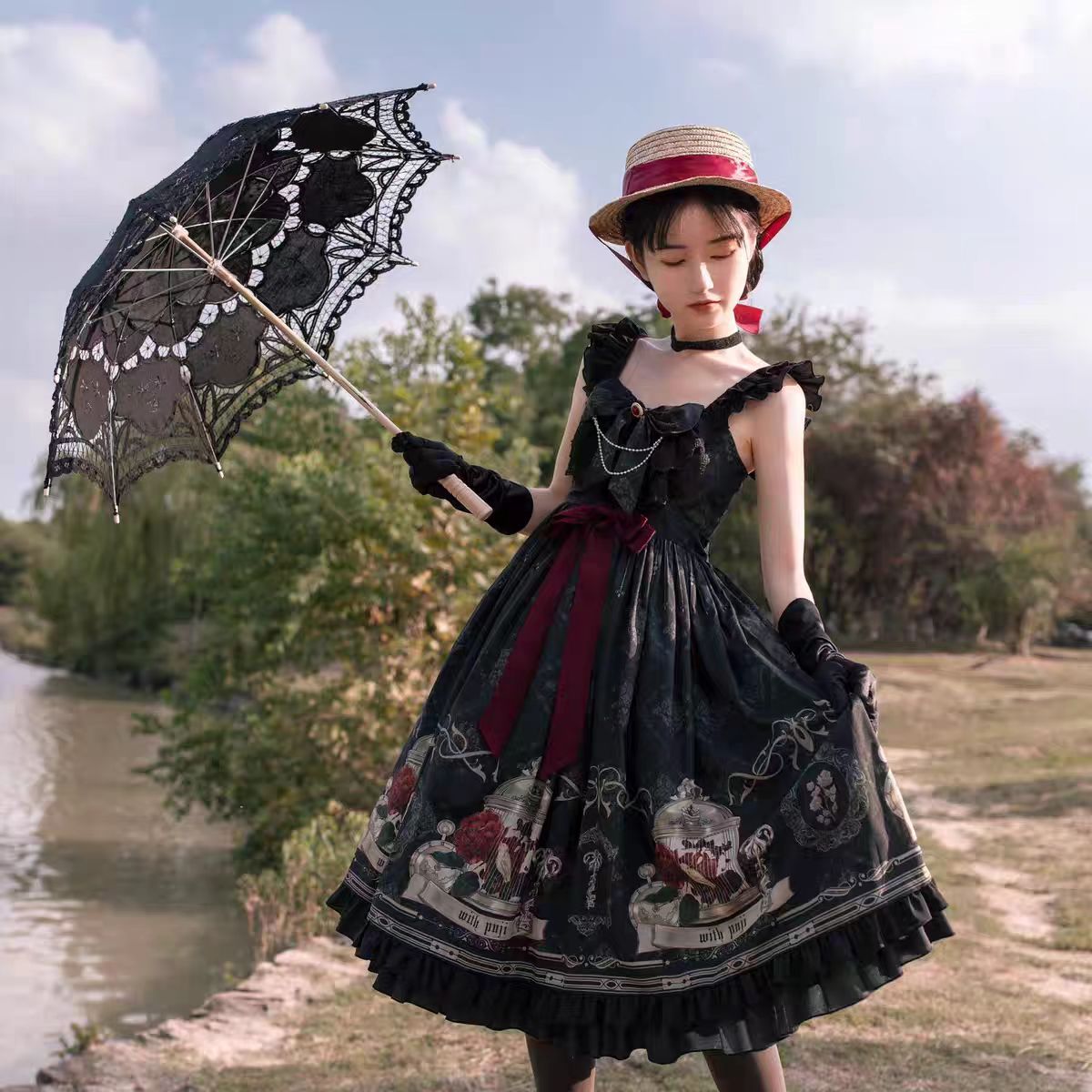 Gothic Lolita Black Nightingale and Rose Suspender Dress