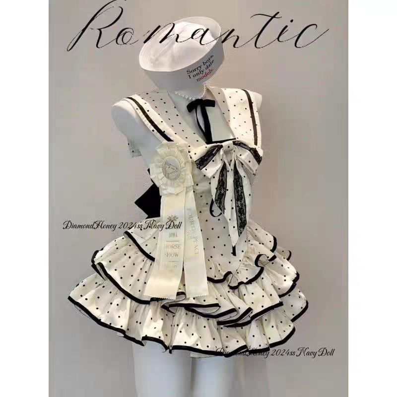 Sweet Lolita Apricot Navy Collar Polka Dot Cake Dress Summer Dress
