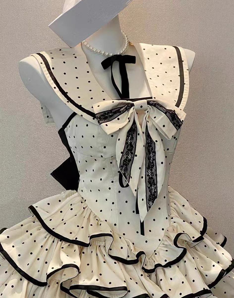 Sweet Lolita Apricot Navy Collar Polka Dot Cake Dress Summer Dress