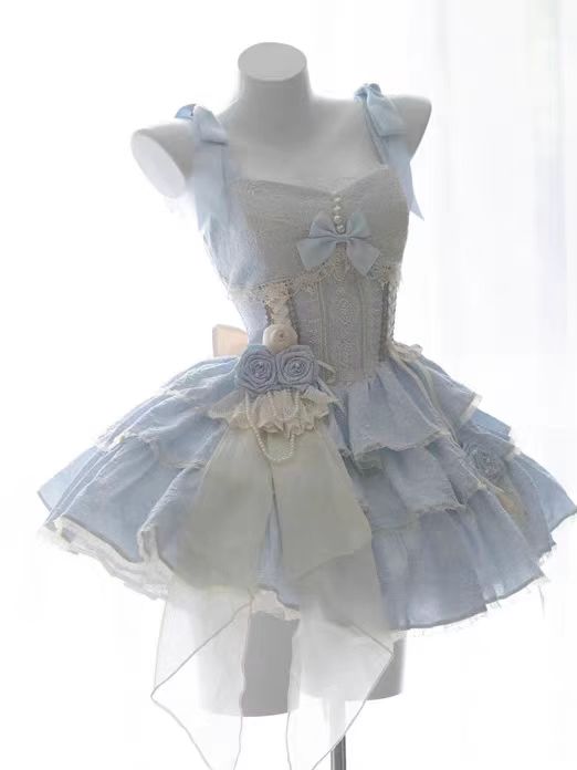 Hime Lolita Pink Blue Flower Suspender Dress Ballet Puffy Dress Lolita