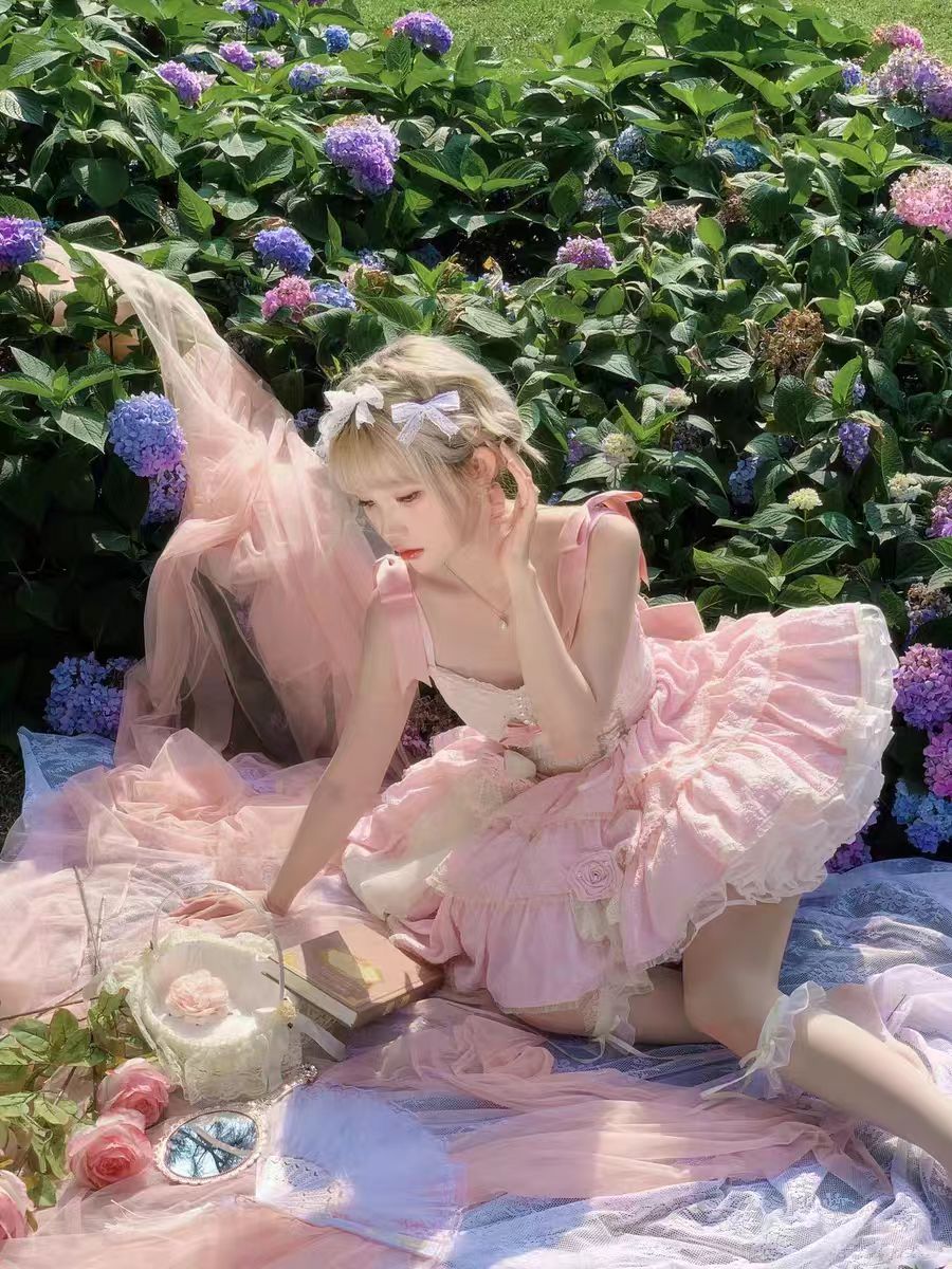 Hime Lolita Pink Blue Flower Suspender Dress Ballet Puffy Dress Lolita