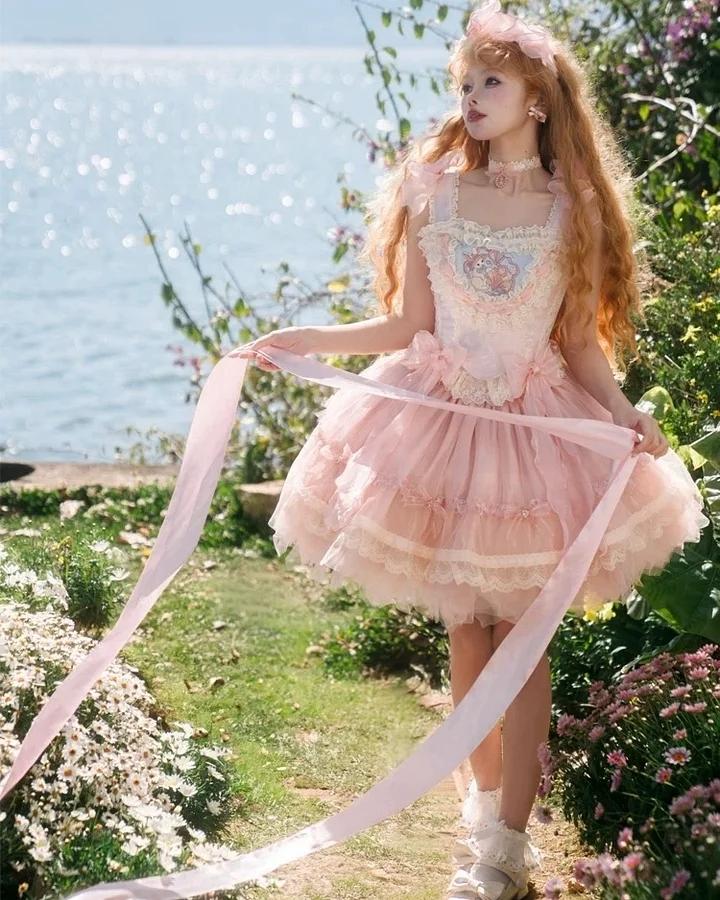 Hime Lolita Pink Cream Ballet Rococo Princess Cake with Ruffle Lace Skirt