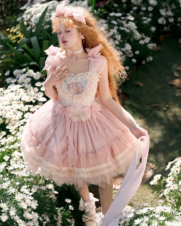 Hime Lolita Pink Cream Ballet Rococo Princess Cake with Ruffle Lace Skirt