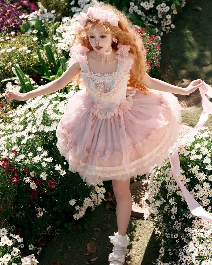 Hime Lolita Pink Cream Ballet Rococo Princess Cake with Ruffle Lace Skirt