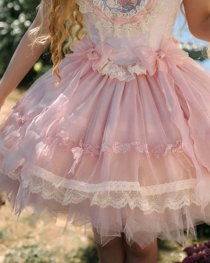 Hime Lolita Pink Cream Ballet Rococo Princess Cake with Ruffle Lace Skirt