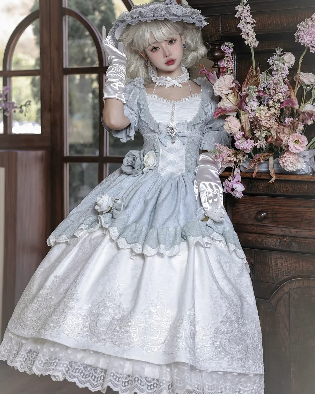 Hime Lolita Tea Party Fashion Blue Vintage Courtly Gorgeous Rococo Birthday Party Long Dress