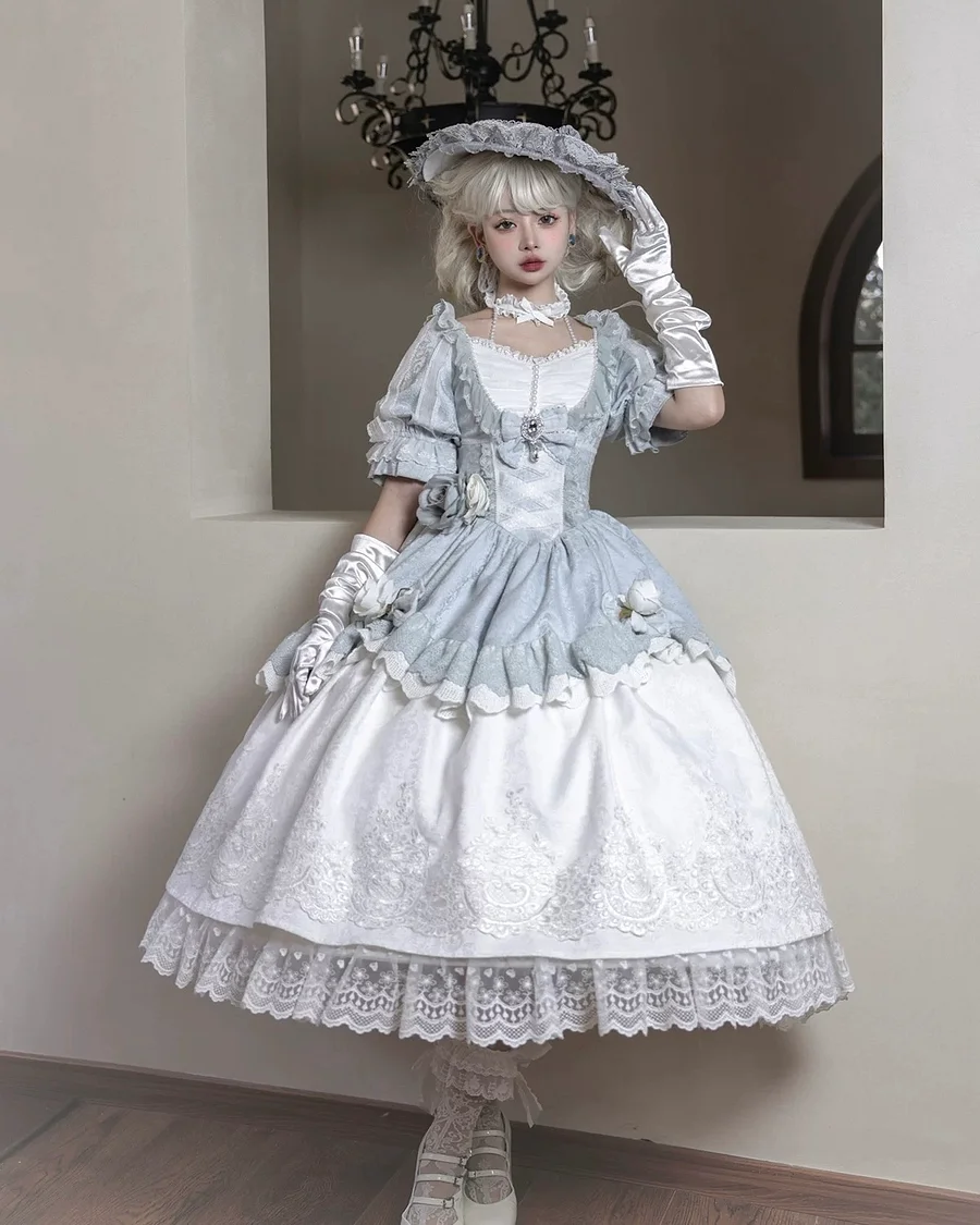Hime Lolita Tea Party Fashion Blue Vintage Courtly Gorgeous Rococo Birthday Party Long Dress
