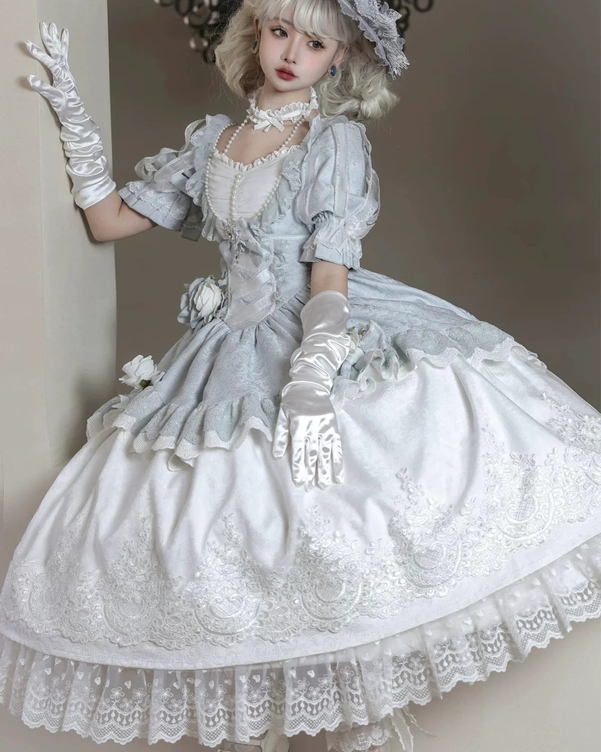 Hime Lolita Tea Party Fashion Blue Vintage Courtly Gorgeous Rococo Birthday Party Long Dress