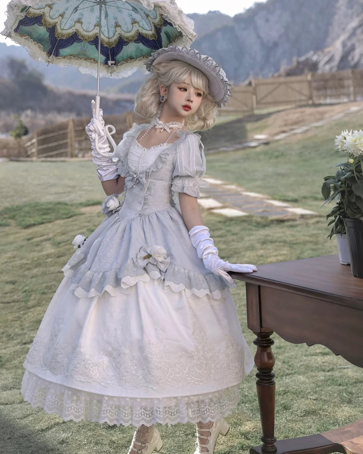 Hime Lolita Tea Party Fashion Blue Vintage Courtly Gorgeous Rococo Birthday Party Long Dress