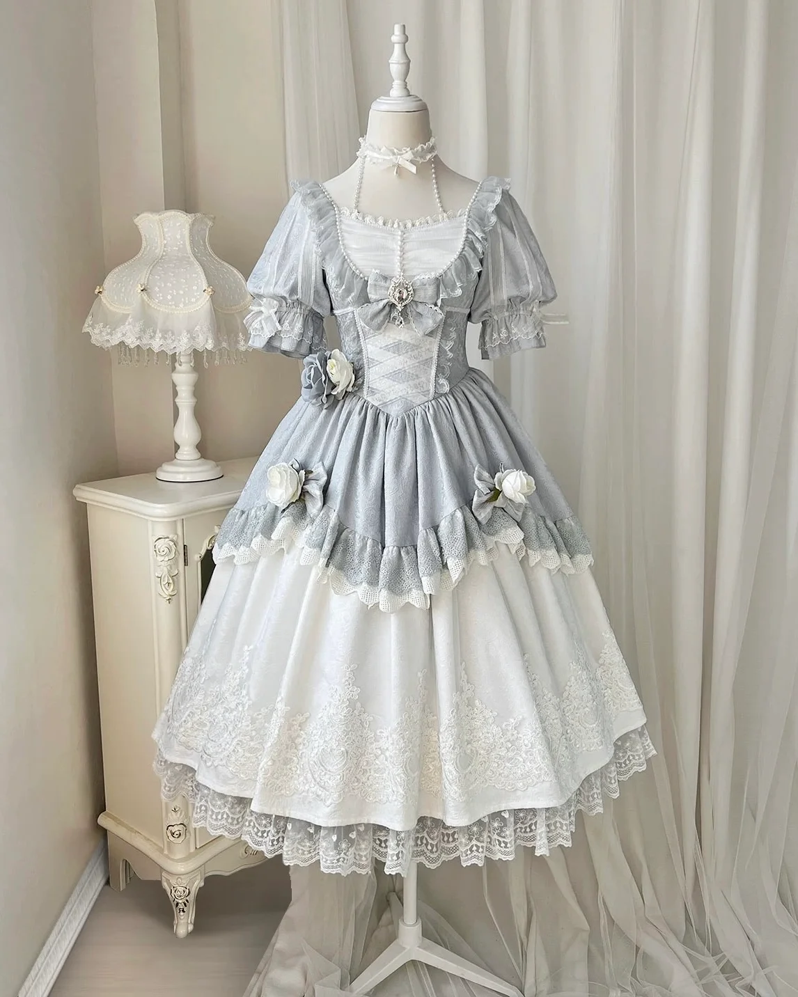 Hime Lolita Tea Party Fashion Blue Vintage Courtly Gorgeous Rococo Birthday Party Long Dress