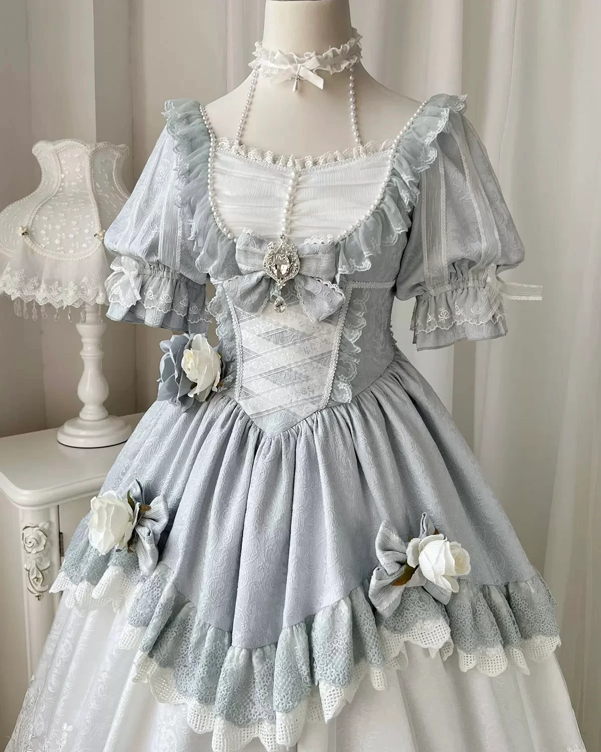 Hime Lolita Tea Party Fashion Blue Vintage Courtly Gorgeous Rococo Birthday Party Long Dress