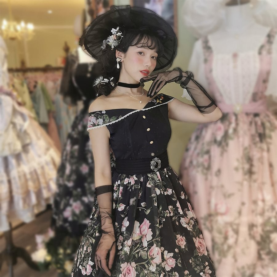 Wedding Black French Romantic Rose Print Lace Dress JSK