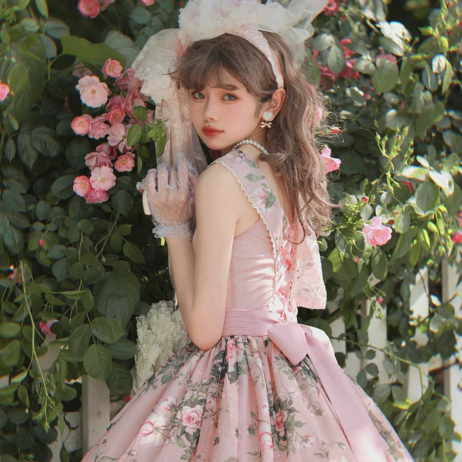 Wedding Black French Romantic Rose Print Lace Dress JSK