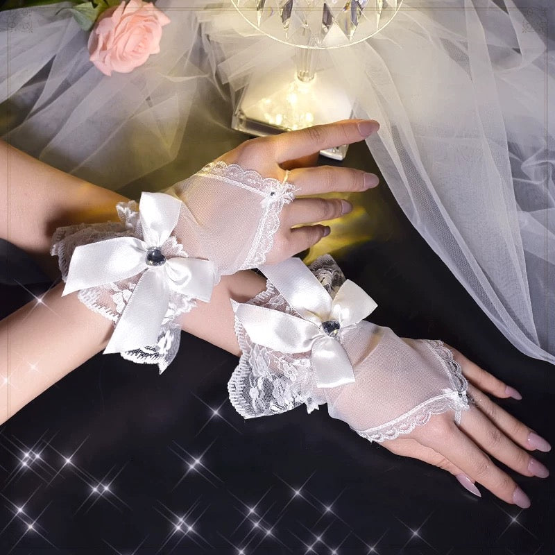 Lolita Hand Accessories White Bow Lace Gloves for Bridal Wedding Sleeves