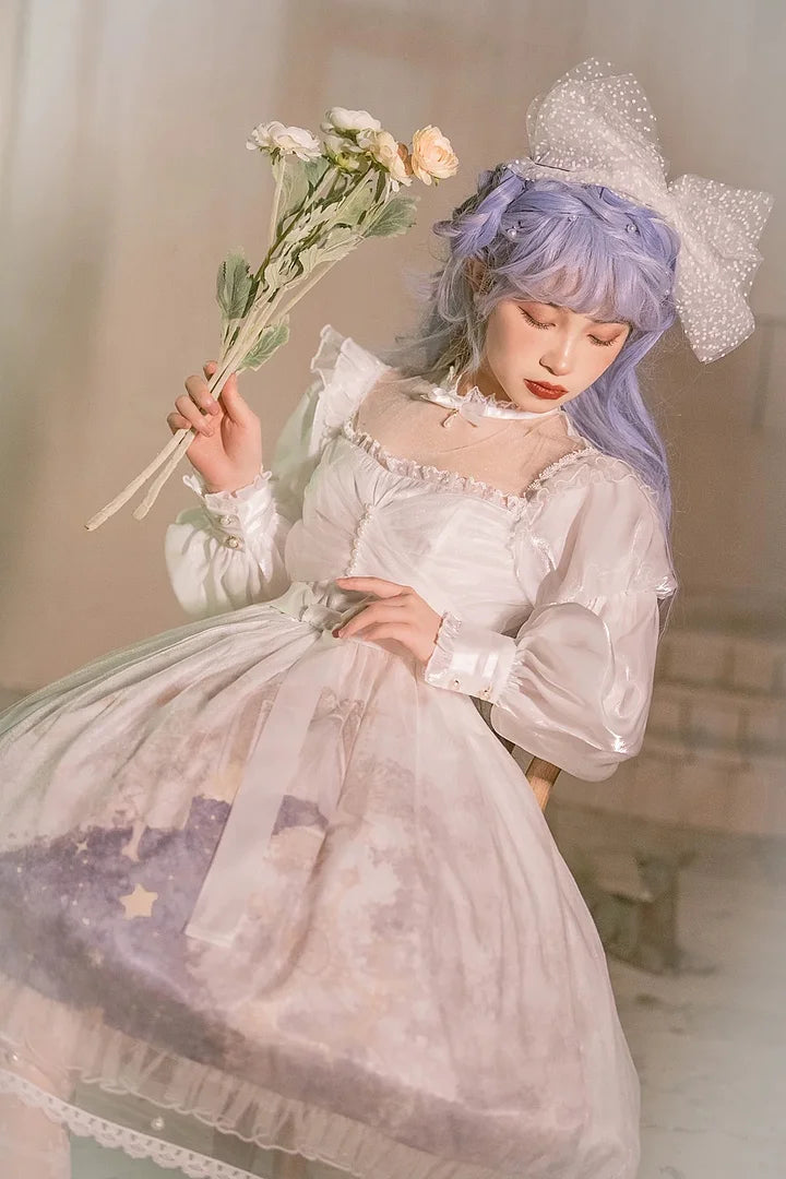 Hime Lolita White Crepe Elegant Long Sleeved Dress Wedding Dresses OP