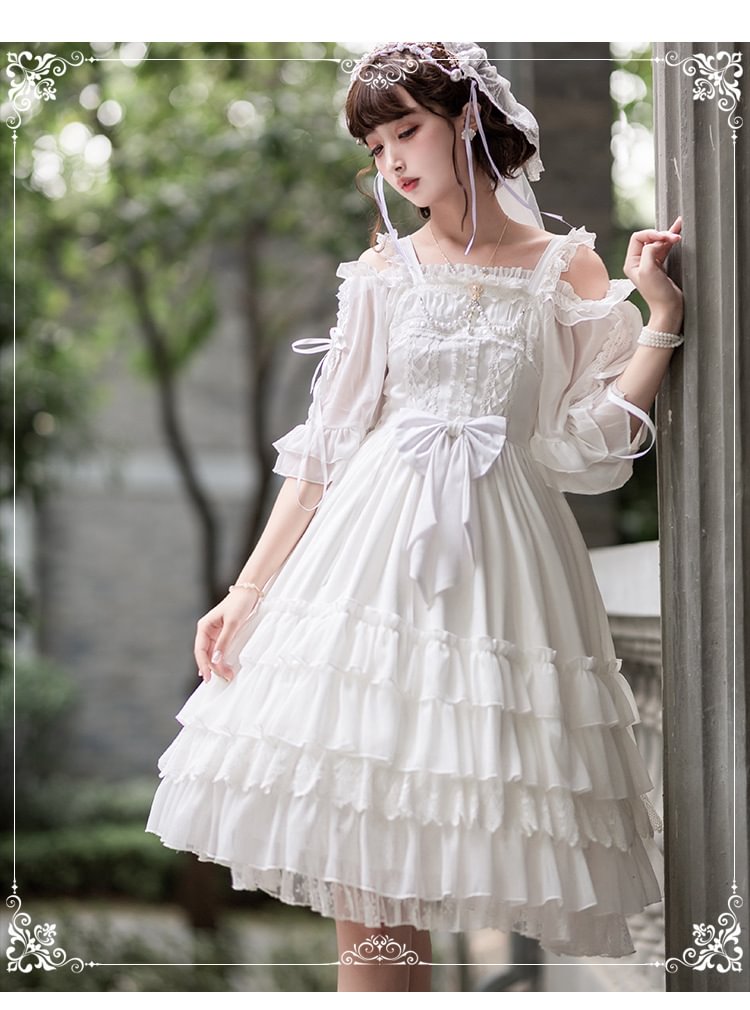 Hime Lolita White Elegant Flower Wedding Layer Gorgeous Dress