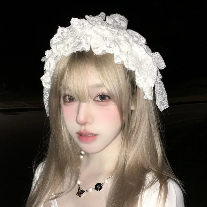 Lolita Hair Accessories White Lace Cute Headgear Headband for Halloween Lolita Accessories