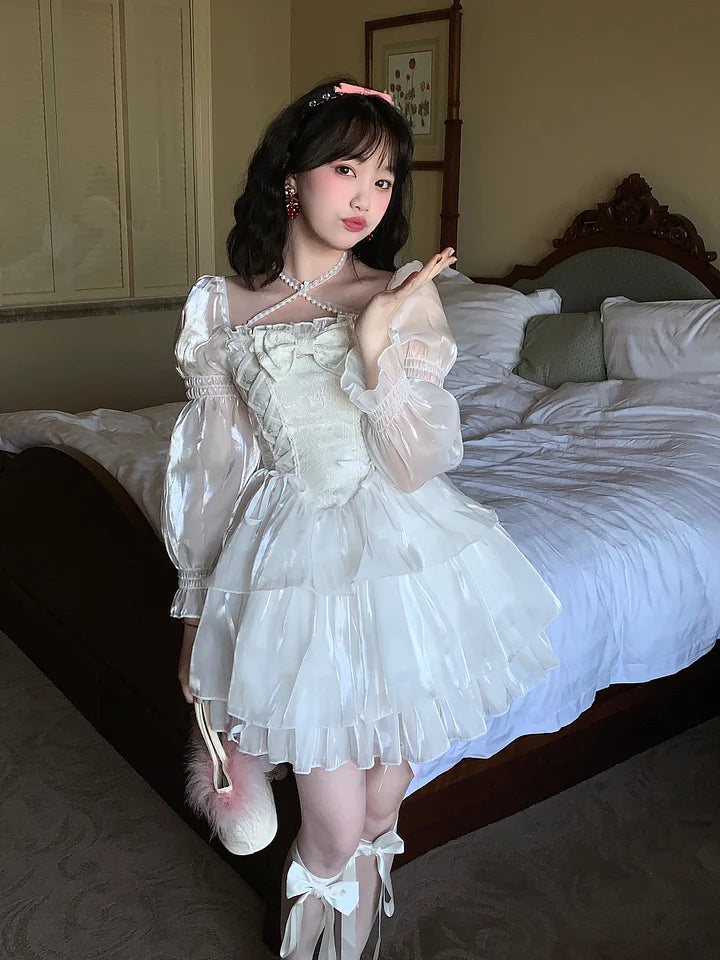 White Organza Long-sleeved Dress with Gentle and Sweet Sleeves Lace Lolita Dress
