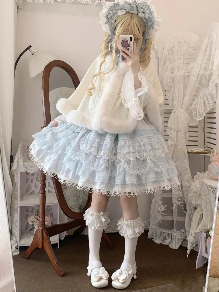 White Solid Color Shawl Cute Lolita Cape Jacket Fall and Winter Models Padded Cape Coat