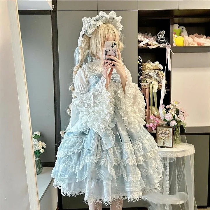 White Spring and Autumn Cute Flared Sleeve Lace Bow Lolita Blouse