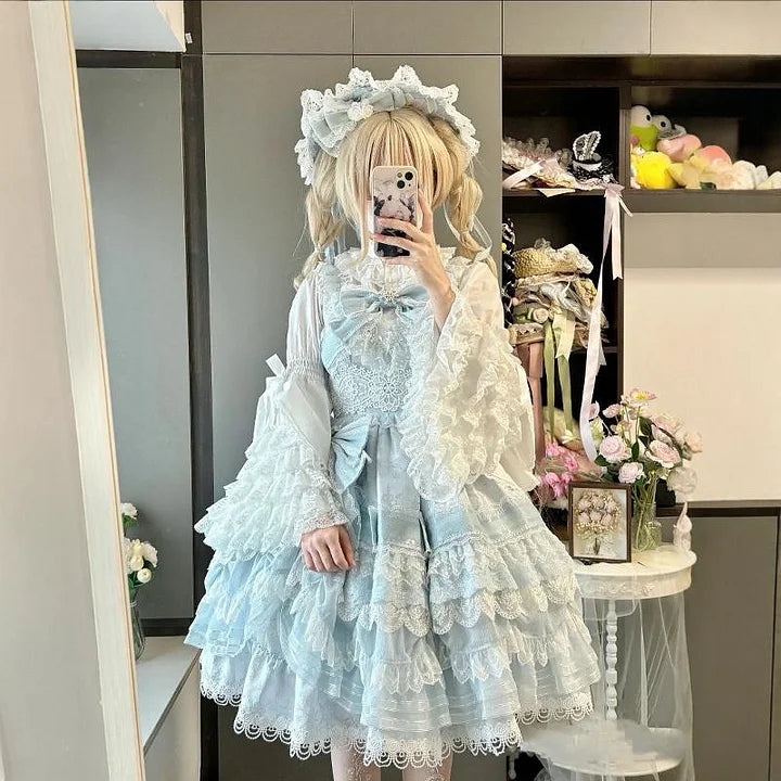 White Spring and Autumn Cute Flared Sleeve Lace Bow Lolita Blouse
