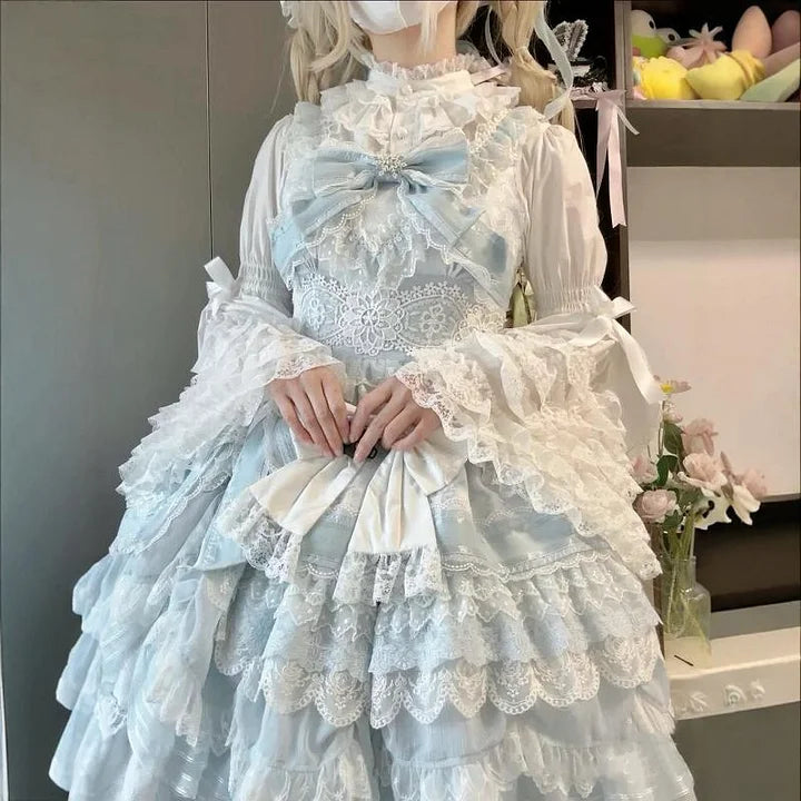 White Spring and Autumn Cute Flared Sleeve Lace Bow Lolita Blouse