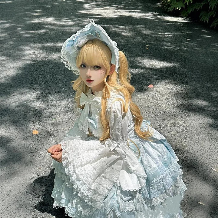 White Spring and Autumn Cute Flared Sleeve Lace Bow Lolita Blouse