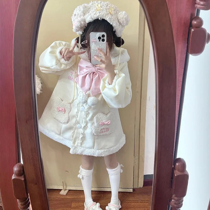 White Winter Plush Warm Coat Lolita Cute Rabbit Ear Cotton Coat Plush Dog Sweet Coat