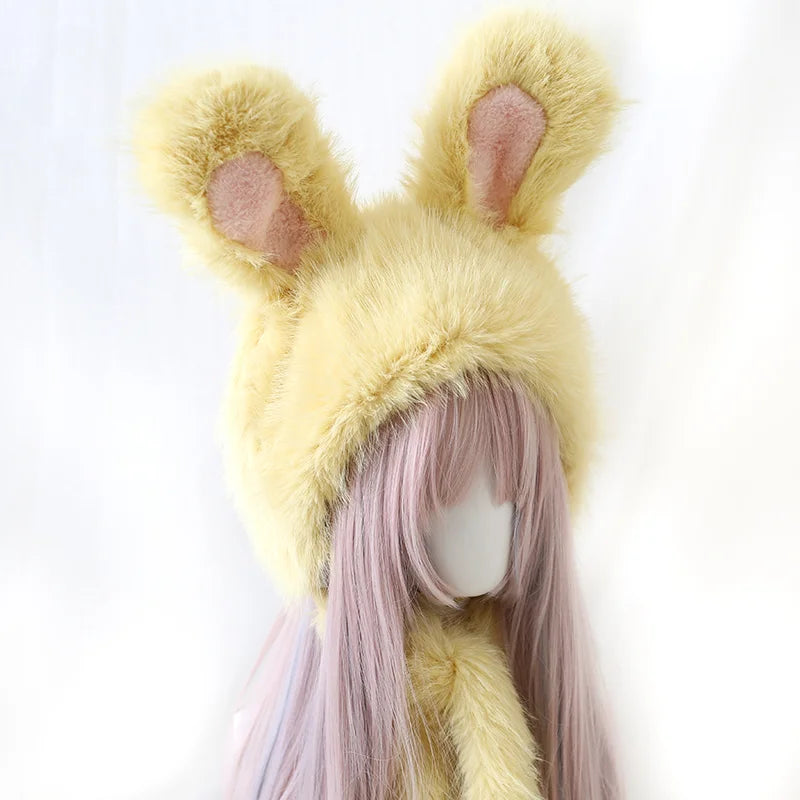 Yellow Sweet Ear Modeling Hat Japanese Cute Rabbit Ear Plush Warm Hat
