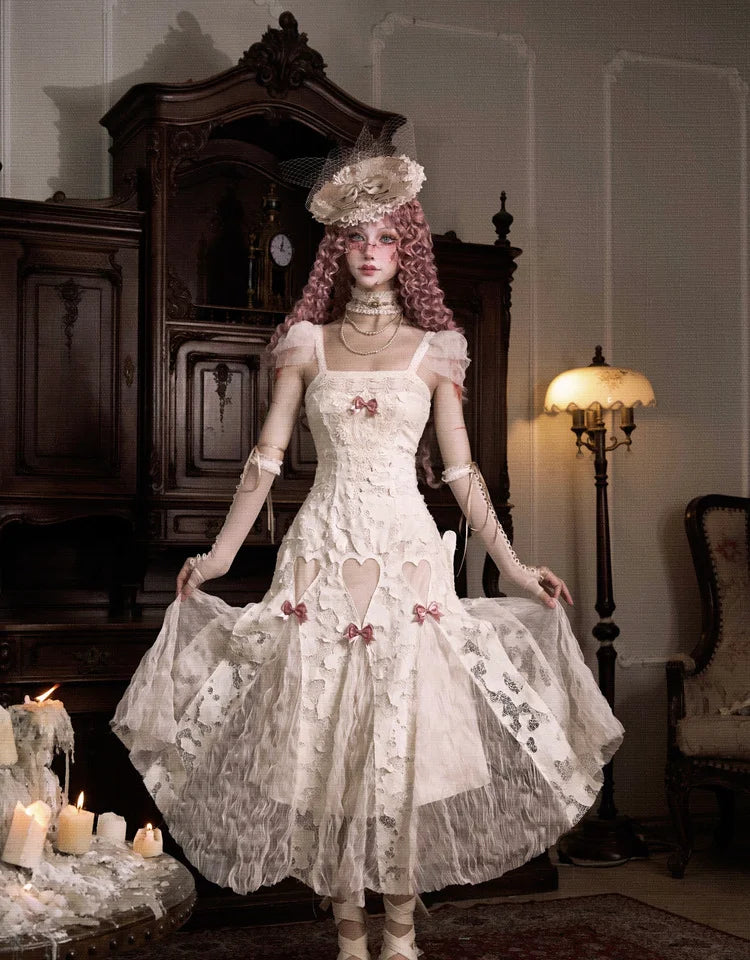 Apricot Gothic Lolita Heart Cutout Lace Dress with Pink Bows Apricot Dress
