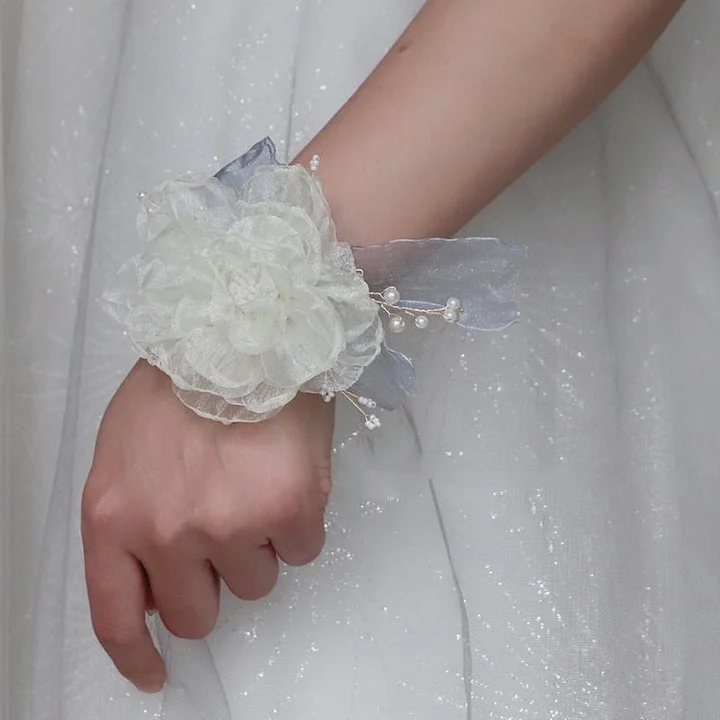 Lolita Hand Accessories White for Wedding Flower Pearls Lace Band Elegant Bridesmaid