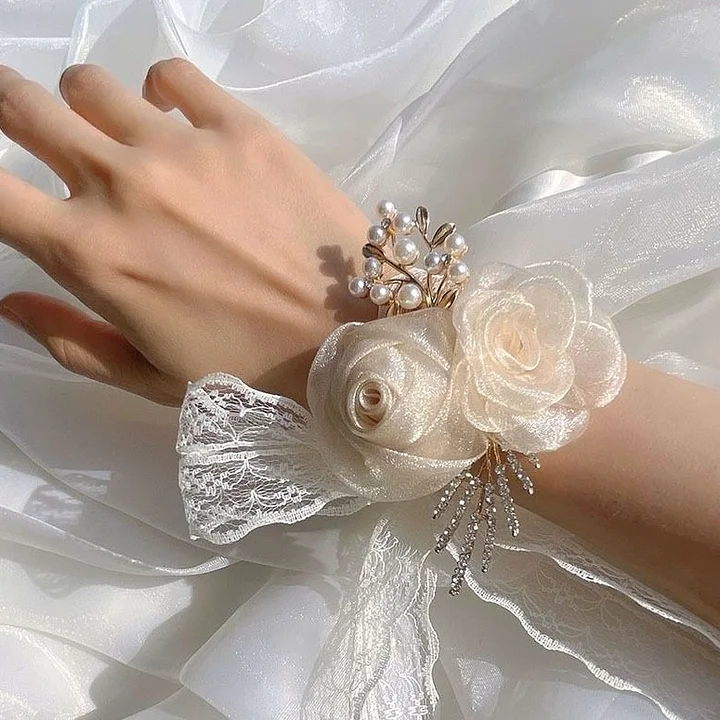 Lolita Hand Accessories White Bridal Flower Lace Band Strap for Wedding Bridesmaid Pearls Brooch