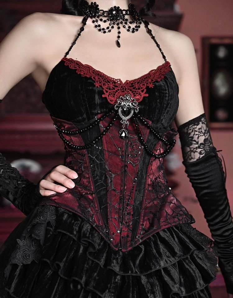 Black-red Velvet Gothic Lolita Corset Waist Strap Red BlackSkirt Vintage Prom Dress for Halloween