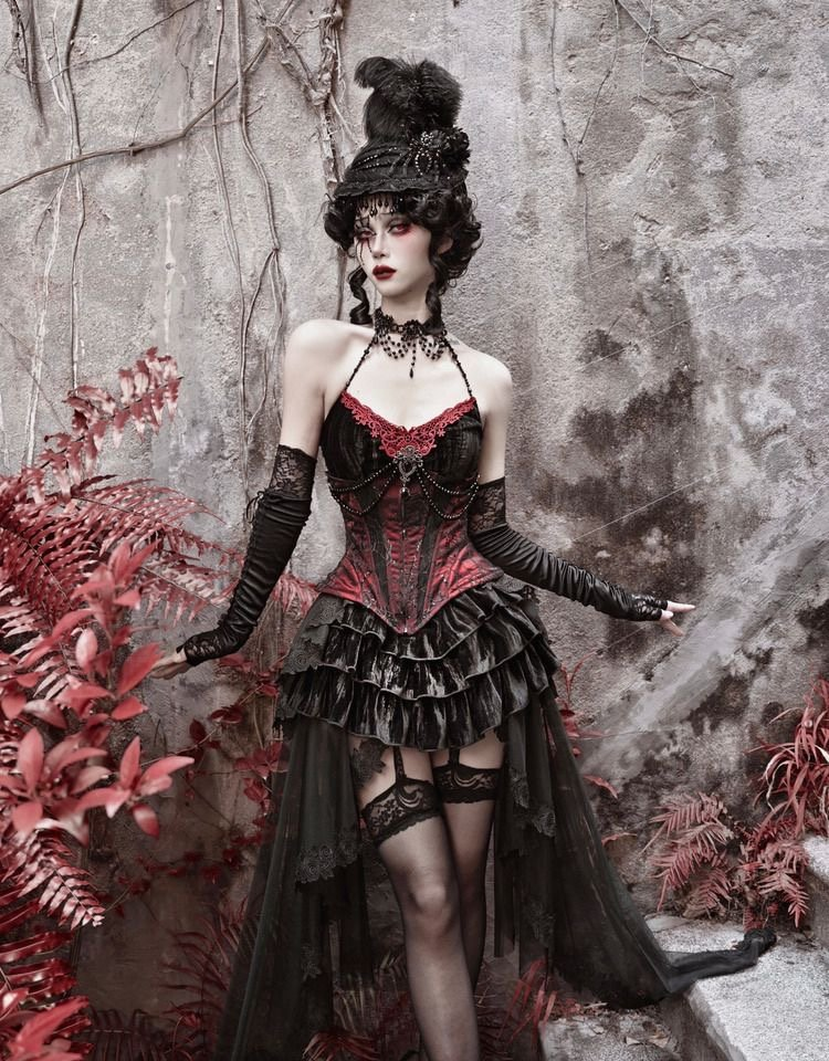 Black-red Velvet Gothic Lolita Corset Waist Strap Red BlackSkirt Vintage Prom Dress for Halloween
