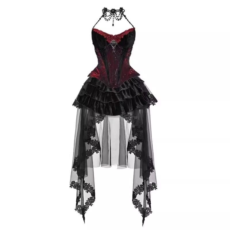 Black-red Velvet Gothic Lolita Corset Waist Strap Red BlackSkirt Vintage Prom Dress for Halloween