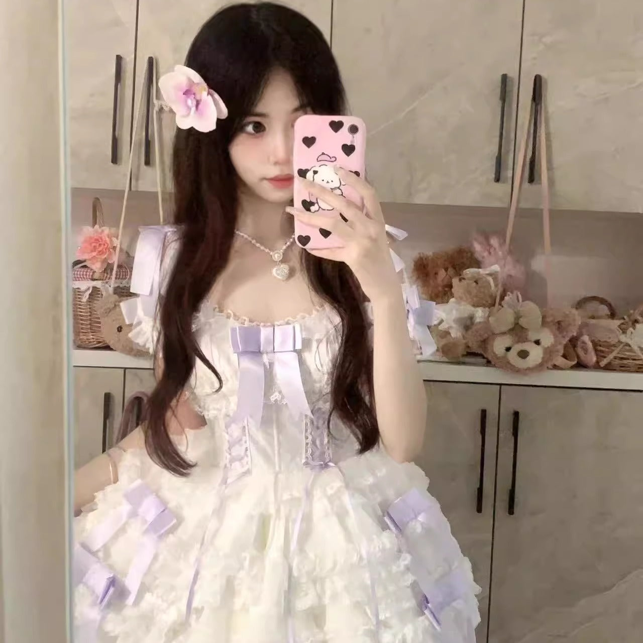 Hime Lolita Blue Flower Lace Short Princess Dress Bow