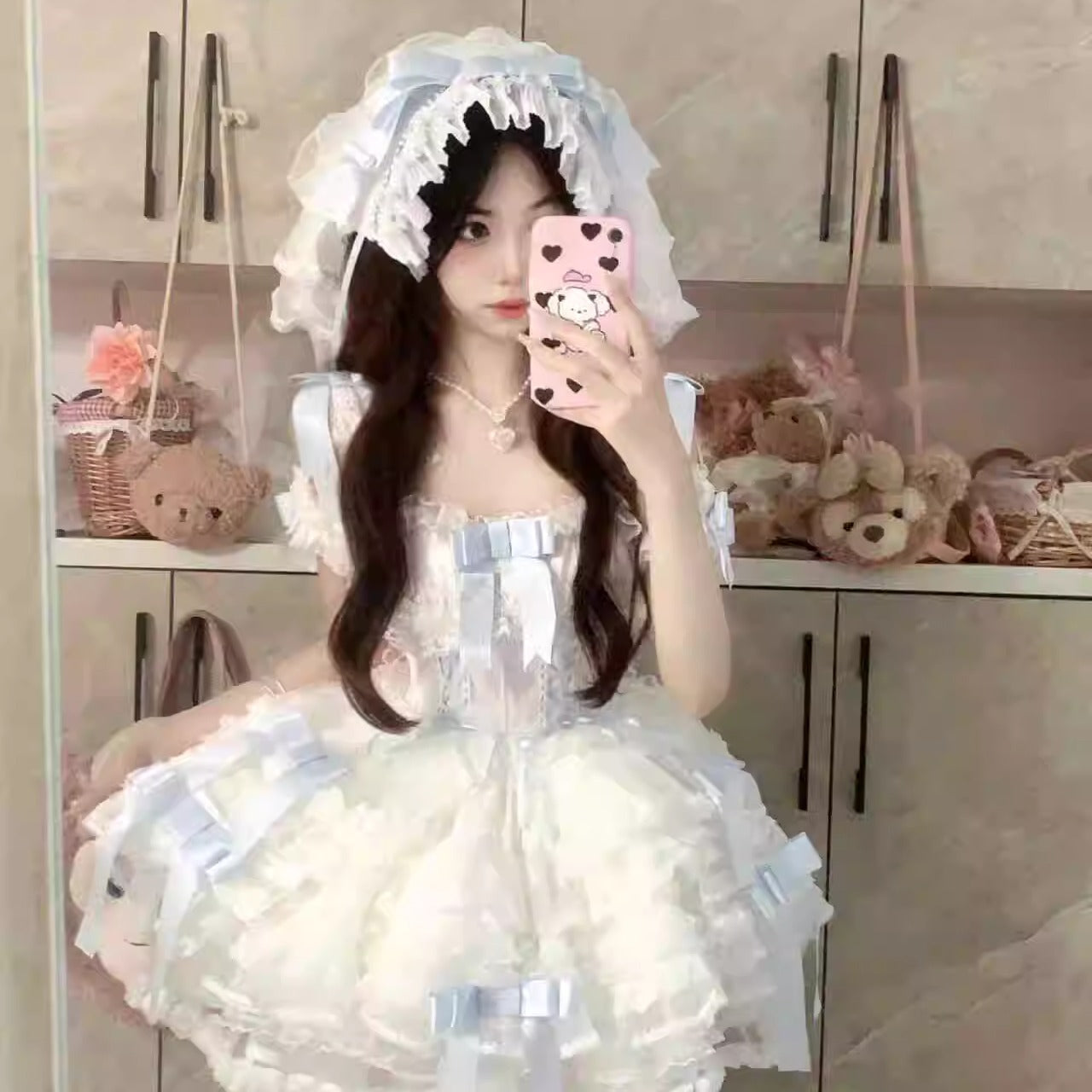Hime Lolita Blue Flower Lace Short Princess Dress Bow