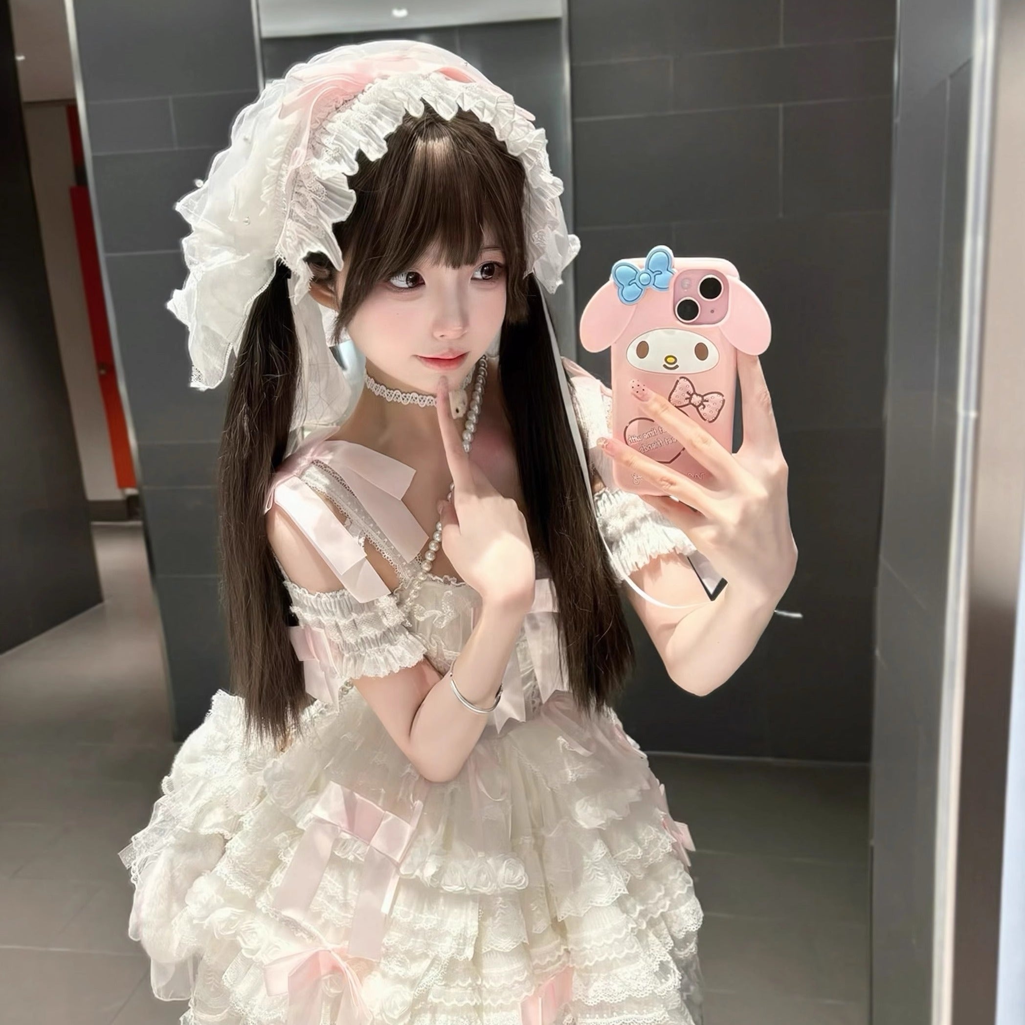 Hime Lolita Blue Flower Lace Short Princess Dress Bow